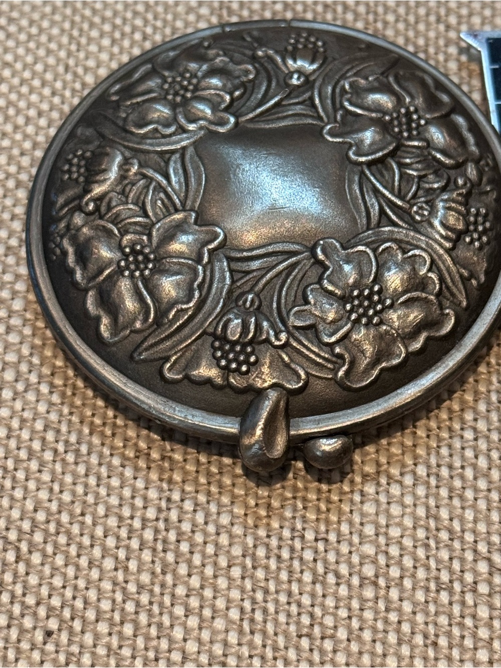 Ornate round silver color antique purse mirror